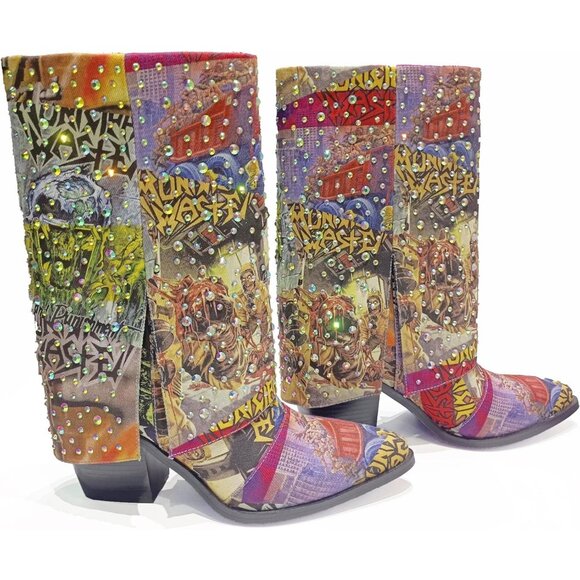 Shoes - Women's Multi Rhinestone Fabric Chunky Heel Sturdy Sole Calf Western Boots